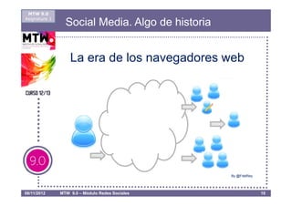 MTW 9.0
Asignatura 1
                 Social Media. Algo de historia


                   La era de los navegadores web




                                                  By @FdelRey




08/11/2012     MTW 9.0 – Módulo Redes Sociales                  10
 