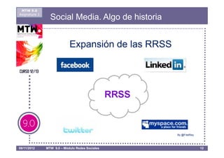 MTW 9.0
Asignatura 1
                 Social Media. Algo de historia


                            Expansión de las RRSS




                                                    By @FdelRey




08/11/2012     MTW 9.0 – Módulo Redes Sociales                    12
 