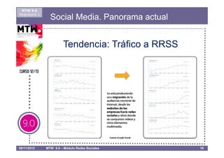 MTW 9.0
Asignatura 1
                 Social Media. Panorama actual


                        Tendencia: Tráfico a RRSS




08/11/2012     MTW 9.0 – Módulo Redes Sociales      16
 