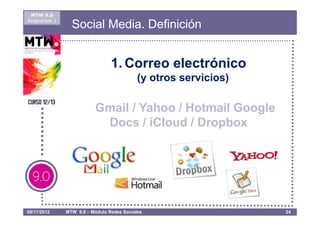 MTW 9.0
Asignatura 1
                 Social Media. Definición


                                 1. Correo electrónico
                                            (y otros servicios)

                           Gmail / Yahoo / Hotmail Google
                            Docs / iCloud / Dropbox




08/11/2012     MTW 9.0 – Módulo Redes Sociales                    24
 