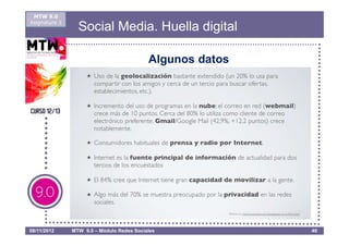 MTW 9.0
Asignatura 1
                 Social Media. Huella digital

                                           Algunos datos




08/11/2012     MTW 9.0 – Módulo Redes Sociales             40
 