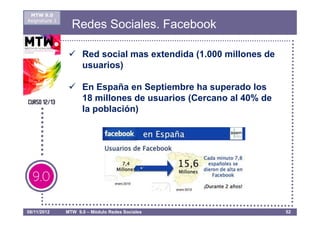 MTW 9.0
Asignatura 1
                 Redes Sociales. Facebook

                     Red social mas extendida (1.000 millones de
                     usuarios)

                     En España en Septiembre ha superado los
                     18 millones de usuarios (Cercano al 40% de
                     la población)




08/11/2012     MTW 9.0 – Módulo Redes Sociales                     52
 