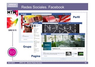 MTW 9.0
Asignatura 1
                 Redes Sociales. Facebook

                                                 Perfil




                   Grupo


                               Pagina

08/11/2012     MTW 9.0 – Módulo Redes Sociales            56
 