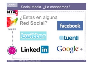 MTW 9.0
Asignatura 1
                 Social Media. ¿Lo conocemos?


               ¿Estas en alguna
               Red Social?




08/11/2012     MTW 9.0 – Módulo Redes Sociales   7
 