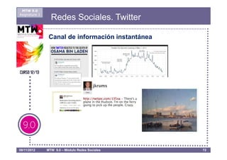 MTW 9.0
Asignatura 1
                 Redes Sociales. Twitter

                Canal de información instantánea




08/11/2012     MTW 9.0 – Módulo Redes Sociales     72
 