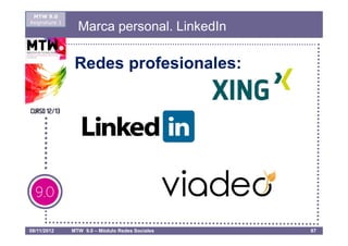MTW 9.0
Asignatura 1
                 Marca personal. LinkedIn

                Redes profesionales:




08/11/2012     MTW 9.0 – Módulo Redes Sociales   87
 
