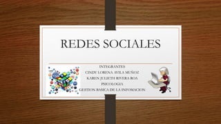 REDES SOCIALES
INTEGRANTES
CINDY LORENA AVILA MUÑOZ
KAREN JULIETH RIVERA ROA
PSICOLOGIA
GESTION BASICA DE LA INFOMACION
 