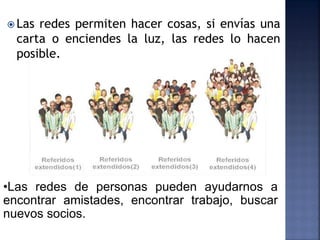  Las redes permiten hacer cosas, si envías una
  carta o enciendes la luz, las redes lo hacen
  posible.




•Las redes de personas pueden ayudarnos a
encontrar amistades, encontrar trabajo, buscar
nuevos socios.
 