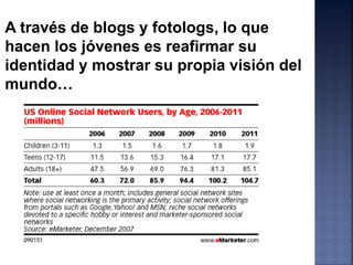 A través de blogs y fotologs, lo que
hacen los jóvenes es reafirmar su
identidad y mostrar su propia visión del
mundo…
 