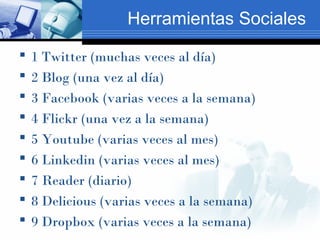 Herramientas Sociales
   1 Twitter (muchas veces al día)
   2 Blog (una vez al día)
   3 Facebook (varias veces a la se...