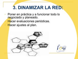 3. DINAMIZAR LA RED: Poner en práctica y a funcionar todo lo negociado y planeado. Hacer evaluaciones periódicas.  Hacer ajustes al plan.   