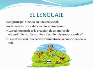 EL LENGUAJE
Es el principal vínculo en una red social.
Por la caracteristica del vínculo se configuran:
La red nocional: es la creación de un marco de
entendimiento. “esto quiere decir lo mismo para ambos”.
La red vincular: es el atravezamiento de lo emocional en la
red.
Adalberto Pizarro Enfermero MN 50305
 