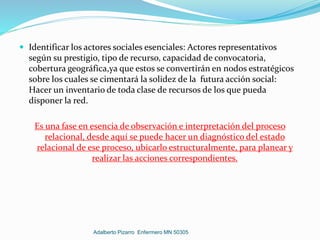  Identificar los actores sociales esenciales: Actores representativos
según su prestigio, tipo de recurso, capacidad de convocatoria,
cobertura geográfica,ya que estos se convertirán en nodos estratégicos
sobre los cuales se cimentará la solidez de la futura acción social:
Hacer un inventario de toda clase de recursos de los que pueda
disponer la red.
Es una fase en esencia de observación e interpretación del proceso
relacional, desde aquí se puede hacer un diagnóstico del estado
relacional de ese proceso, ubicarlo estructuralmente, para planear y
realizar las acciones correspondientes.
Adalberto Pizarro Enfermero MN 50305
 
