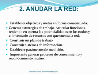 2. ANUDAR LA RED:
 Establecer objetivos y metas en forma consensuada.
 Generar estrategias de trabajo. Articular funciones,
teniendo en cuenta las potencialidades en los nodos y
el inventario de recursos con que cuenta la red.
 Construir un plan de trabajo.
 Construir sistemas de información.
 Establecer parámetros de medición.
 Importante generar procesos de conocimiento y
reconocimiento mutuo.
Adalberto Pizarro Enfermero MN 50305
 