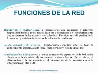 FUNCIONES DE LA RED
Regulación y control social : interacciones que recuerdan y refuerzas
responsabilidades y roles, neutralizan las desviaciones del comportamiento
que se apartan de las expectativas colectivas. Permiten una disipación de la
frustración y la violencia, favorece la solución de conflictos.
Ayuda material y de servicios : Colaboración especifica sobre la base de
conocimiento experto, ayuda física, financiera, servicios de salud. Etc.
Ampliación de la RED: ( acceso a nuevos contactos) la expansión de la Red puede
obedecer a la necesidad de incremento y diversificación de la misma, al
afianzamiento de su estructura, al incremento de la cobertura o a la
integración con otra RED.
Adalberto Pizarro Enfermero MN 50305
 