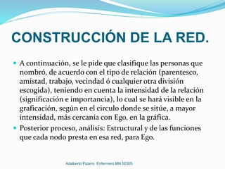 CONSTRUCCIÓN DE LA RED.
 A continuación, se le pide que clasifique las personas que
nombró, de acuerdo con el tipo de relación (parentesco,
amistad, trabajo, vecindad ó cualquier otra división
escogida), teniendo en cuenta la intensidad de la relación
(significación e importancia), lo cual se hará visible en la
graficación, según en el circulo donde se sitúe, a mayor
intensidad, más cercanía con Ego, en la gráfica.
 Posterior proceso, análisis: Estructural y de las funciones
que cada nodo presta en esa red, para Ego.
Adalberto Pizarro Enfermero MN 50305
 