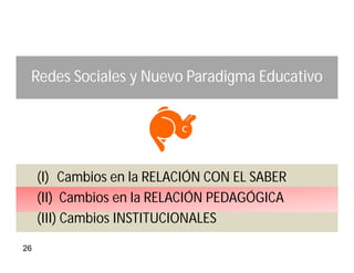 Redes Sociales y Nuevo Paradigma Educativo




     (I) Cambios en la RELACIÓN CON EL SABER
     (II) Cambios en la RELACIÓN PEDAGÓGICA
     (III) Cambios INSTITUCIONALES
26
 