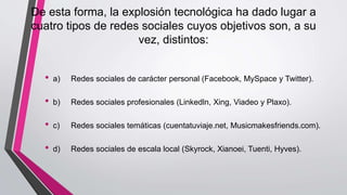 De esta forma, la explosión tecnológica ha dado lugar a
cuatro tipos de redes sociales cuyos objetivos son, a su
vez, distintos:
• a) Redes sociales de carácter personal (Facebook, MySpace y Twitter).
• b) Redes sociales profesionales (Linkedln, Xing, Viadeo y Plaxo).
• c) Redes sociales temáticas (cuentatuviaje.net, Musicmakesfriends.com).
• d) Redes sociales de escala local (Skyrock, Xianoei, Tuenti, Hyves).
 