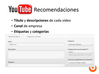 Recomendaciones
– Título y descripciones de cada video
– Canal de empresa
– Etiquetas y categorías
 