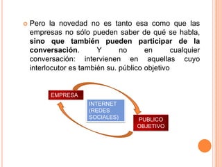 Pero la novedad no es tanto esa como que las empresas no sólo pueden saber de qué se habla, sino que también pueden participar de la conversación. Y no en cualquier conversación: intervienen en aquellas cuyo interlocutor es también su. público objetivoEMPRESAINTERNET(REDES SOCIALES)PUBLICO OBJETIVO