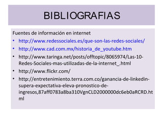 BIBLIOGRAFIAS
Fuentes de información en internet
• http://www.redessociales.es/que-son-las-redes-sociales/
• http://www.cad.com.mx/historia_de_youtube.htm
• http://www.taringa.net/posts/offtopic/8065974/Las-10-
  Redes-Sociales-mas-utilizadas-de-la-internet_.html
• http://www.flickr.com/
• http://entretenimiento.terra.com.co/ganancia-de-linkedin-
  supera-expectativa-eleva-pronostico-de-
  ingresos,87aff0783a8ba310VgnCLD2000000dc6eb0aRCRD.ht
  ml
 