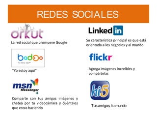REDES SOCIALES

                                        Su característica principal es que está
La red social que promueve Google
                                        orientada a los negocios y al mundo.




“Yo estoy aquí”                          Agrega imágenes increíbles y
                                         compártelas




Comparte con tus amigos imágenes y
chatea por tu videocámara y cuéntales
                                           Tus amigos, tu mundo
que estas haciendo
 