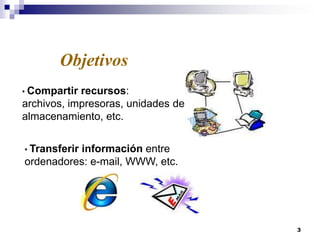 Objetivos
• Compartir

recursos:
archivos, impresoras, unidades de
almacenamiento, etc.
• Transferir

información entre
ordenadores: e-mail, WWW, etc.

3

 