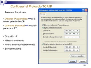 Configurar el Protocolo TCP/IP
Tenemos 2 opciones:
• Obtener IP automática
router permite DHCP
• Usar una IP manual
para cada PC:

si el
escribir

• Dirección IP
• Máscara de subred
• Puerta enlace predeterminada
• Servidores DNS

30

 