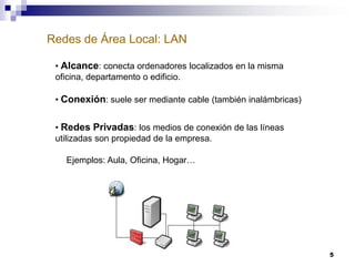 Redes de Área Local: LAN
• Alcance: conecta ordenadores localizados en la misma
oficina, departamento o edificio.
• Conexión: suele ser mediante cable (también inalámbricas)
• Redes Privadas: los medios de conexión de las líneas
utilizadas son propiedad de la empresa.
Ejemplos: Aula, Oficina, Hogar…

5

 