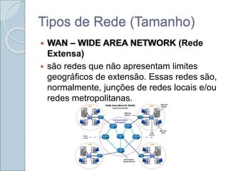 Tipos de Rede (Tamanho)
 WAN – WIDE AREA NETWORK (Rede
Extensa)
 são redes que não apresentam limites
geográficos de extensão. Essas redes são,
normalmente, junções de redes locais e/ou
redes metropolitanas.
 