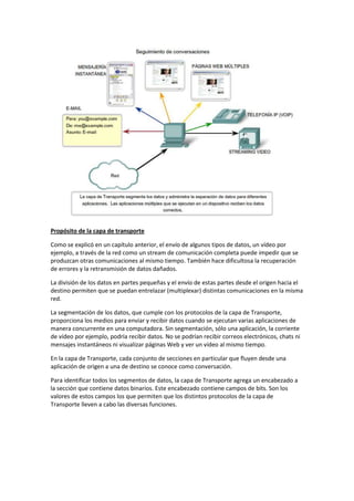 Propósito de la capa de transporte
Como se explicó en un capítulo anterior, el envío de algunos tipos de datos, un vídeo por
ejemplo, a través de la red como un stream de comunicación completa puede impedir que se
produzcan otras comunicaciones al mismo tiempo. También hace dificultosa la recuperación
de errores y la retransmisión de datos dañados.
La división de los datos en partes pequeñas y el envío de estas partes desde el origen hacia el
destino permiten que se puedan entrelazar (multiplexar) distintas comunicaciones en la misma
red.
La segmentación de los datos, que cumple con los protocolos de la capa de Transporte,
proporciona los medios para enviar y recibir datos cuando se ejecutan varias aplicaciones de
manera concurrente en una computadora. Sin segmentación, sólo una aplicación, la corriente
de vídeo por ejemplo, podría recibir datos. No se podrían recibir correos electrónicos, chats ni
mensajes instantáneos ni visualizar páginas Web y ver un vídeo al mismo tiempo.
En la capa de Transporte, cada conjunto de secciones en particular que fluyen desde una
aplicación de origen a una de destino se conoce como conversación.
Para identificar todos los segmentos de datos, la capa de Transporte agrega un encabezado a
la sección que contiene datos binarios. Este encabezado contiene campos de bits. Son los
valores de estos campos los que permiten que los distintos protocolos de la capa de
Transporte lleven a cabo las diversas funciones.
 