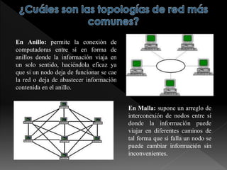 En Anillo: permite la conexión de
computadoras entre sí en forma de
anillos donde la información viaja en
un solo sentido, haciéndola eficaz ya
que si un nodo deja de funcionar se cae
la red o deja de abastecer información
contenida en el anillo.
En Malla: supone un arreglo de
interconexión de nodos entre sí
donde la información puede
viajar en diferentes caminos de
tal forma que si falla un nodo se
puede cambiar información sin
inconvenientes.
 
