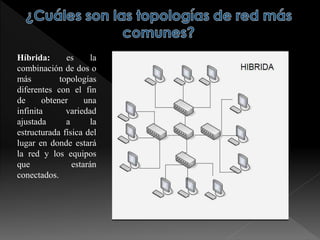 Híbrida: es la
combinación de dos o
más topologías
diferentes con el fin
de obtener una
infinita variedad
ajustada a la
estructurada física del
lugar en donde estará
la red y los equipos
que estarán
conectados.
 