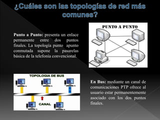 Punto a Punto: presenta un enlace
permanente entre dos puntos
finales. La topología punto apunto
conmutada supone la pasarelas
básica de la telefonía convencional.
En Bus: mediante un canal de
comunicaciones PTP ofrece al
usuario estar permanentemente
asociado con los dos puntos
finales.
 