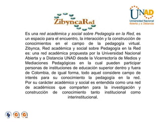 Es una red académica y social sobre Pedagogía en la Red, es un espacio para el encuentro, la interacción y la construcción de conocimientos en el campo de la pedagogía virtual.Zibynca, Red académica y social sobre Pedagogía en la Red es: una red académica propuesta por la Universidad Nacional Abierta y a Distancia UNAD desde la Vicerrectoría de Medios y Mediaciones Pedagógicas en la cual pueden participar personas de instituciones de educación superior dentro y fuera de Colombia, de igual forma, todo aquel considere campo de interés para su conocimiento la pedagogía en la red.Por su carácter académico y social es entendida como una red de académicos que comparten para la investigación y construcción de conocimiento tanto institucional como interinstitucional.