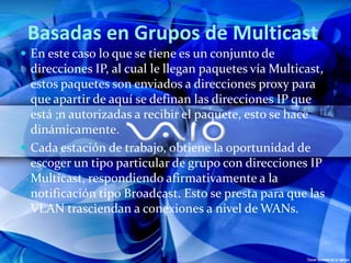 En este caso lo que se tiene es un conjunto de direcciones IP, al cual le llegan paquetes vía Multicast, estos paquetes son enviados a direcciones proxy para que apartir de aquí se definan las direcciones IP que está ;n autorizadas a recibir el paquete, esto se hace dinámicamente. Cada estación de trabajo, obtiene la oportunidad de escoger un tipo particular de grupo con direcciones IP Multicast, respondiendo afirmativamente a la notificación tipo Broadcast. Esto se presta para que las VLAN trasciendan a conexiones a nivel de WANs. Basadas en Grupos de Multicast