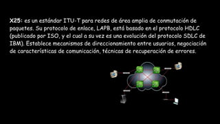 X25: es un estándar ITU-T para redes de área amplia de conmutación de
paquetes. Su protocolo de enlace, LAPB, está basado en el protocolo HDLC
(publicado por ISO, y el cual a su vez es una evolución del protocolo SDLC de
IBM). Establece mecanismos de direccionamiento entre usuarios, negociación
de características de comunicación, técnicas de recuperación de errores.
 
