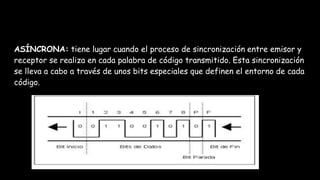 ASÍNCRONA: tiene lugar cuando el proceso de sincronización entre emisor y
receptor se realiza en cada palabra de código transmitido. Esta sincronización
se lleva a cabo a través de unos bits especiales que definen el entorno de cada
código.
 