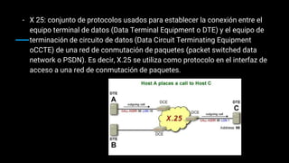 - X 25: conjunto de protocolos usados para establecer la conexión entre el
equipo terminal de datos (Data Terminal Equipment o DTE) y el equipo de
terminación de circuito de datos (Data Circuit Terminating Equipment
oCCTE) de una red de conmutación de paquetes (packet switched data
network o PSDN). Es decir, X.25 se utiliza como protocolo en el interfaz de
acceso a una red de conmutación de paquetes.
 