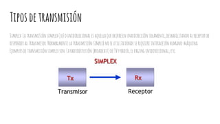 Tiposdetransmisión
Simplex:Latransmisión simplex(sx)ounidireccional esaquellaqueocurre enunadirección solamente,deshabilitandoalreceptor de
responder altransmisor.Normalmente latransmisiónsimplexnoseutiliza dondeserequiere interacción humano-máquina.
Ejemplosdetransmisiónsimplexson:Laradiodifusión (broadcast)deTVyradio,elpagingunidireccional, etc.
 