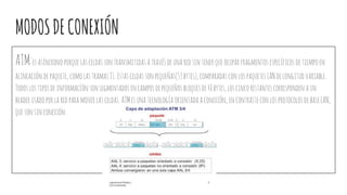 MODOSDECONEXIÓN
ATM:esasíncronoporquelasceldassontransmitidasatravésdeunaredsintenerqueocuparfragmentosespecíficos detiempoen
alineación depaquete,comolastramasT1.Estasceldassonpequeñas(53bytes),comparadasconlospaquetesLANdelongitudvariable.
Todoslostiposdeinformación sonsegmentadosencamposdepequeñosbloquesde48bytes,loscinco restantescorresponden aun
headerusadoporlaredparamoverlasceldas.ATMesunatecnología orientada aconexión, encontrasteconlosprotocolosde baseLAN,
quesonsinconexión.
 