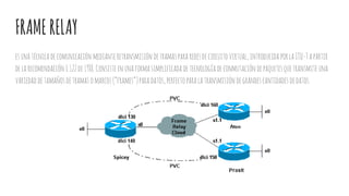 FRAMERELAY
esunatécnica decomunicación mediante retransmisión detramaspararedesdecircuitovirtual,introducida porlaITU-Tapartir
delarecomendación I.122de1988. Consisteenunaformasimplificada detecnología deconmutacióndepaquetesquetransmite una
variedaddetamañosdetramasomarcos(“frames”)paradatos,perfecto paralatransmisióndegrandescantidadesdedatos.
 