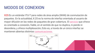 MODOS DE CONEXION
X25:Es un estándar ITU-T para redes de área amplia (WAN) de conmutación de
paquetes. En la actualidad, X.25 es la norma de interfaz orientada al usuario de
mayor difusión en las redes de paquetes de gran cobertura. El servicio que ofrece
es orientado a conexión, fiable, en el sentido de que no duplica, ni pierde ni
desordena, y ofrece multiplexación, Esto es, a través de un único interfaz se
mantienen abiertas distintas comunicaciones.
 
