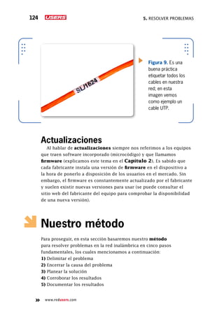 5. Resolver problemas124
www.redusers.com
Figura 9. Es una
buena práctica
etiquetar todos los
cables en nuestra
red; en esta
imagen vemos
como ejemplo un
cable UTP.
Actualizaciones
Al hablar de actualizaciones siempre nos referimos a los equipos
que traen software incorporado (microcódigo) y que llamamos
firmware (explicamos este tema en el Capítulo 2). Es sabido que
cada fabricante instala una versión de firmware en el dispositivo a
la hora de ponerlo a disposición de los usuarios en el mercado. Sin
embargo, el firmware es constantemente actualizado por el fabricante
y suelen existir nuevas versiones para usar (se puede consultar el
sitio web del fabricante del equipo para comprobar la disponibilidad
de una nueva versión).
Nuestro método
Para proseguir, en esta sección basaremos nuestro método
para resolver problemas en la red inalámbrica en cinco pasos
fundamentales, los cuales mencionamos a continuación:
1) Delimitar el problema
2) Encerrar la causa del problema
3) Planear la solución
4) Corroborar los resultados
5) Documentar los resultados
 