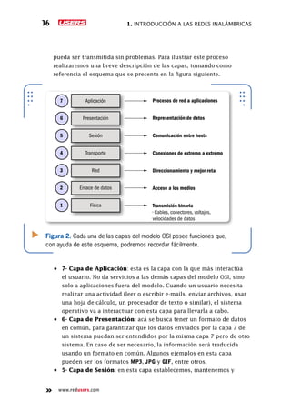 1. Introducción a las redes inalámbricas16
www.redusers.com
pueda ser transmitida sin problemas. Para ilustrar este proceso
realizaremos una breve descripción de las capas, tomando como
referencia el esquema que se presenta en la figura siguiente.
•	 7- Capa de Aplicación: esta es la capa con la que más interactúa
el usuario. No da servicios a las demás capas del modelo OSI, sino
solo a aplicaciones fuera del modelo. Cuando un usuario necesita
realizar una actividad (leer o escribir e-mails, enviar archivos, usar
una hoja de cálculo, un procesador de texto o similar), el sistema
operativo va a interactuar con esta capa para llevarla a cabo.
•	 6- Capa de Presentación: acá se busca tener un formato de datos
en común, para garantizar que los datos enviados por la capa 7 de
un sistema puedan ser entendidos por la misma capa 7 pero de otro
sistema. En caso de ser necesario, la información será traducida
usando un formato en común. Algunos ejemplos en esta capa
pueden ser los formatos MP3, JPG y GIF, entre otros.
•	 5- Capa de Sesión: en esta capa establecemos, mantenemos y
Figura 2. Cada una de las capas del modelo OSI posee funciones que,
con ayuda de este esquema, podremos recordar fácilmente.
Aplicación7
Presentación6
Sesión5
Transporte4
Red3
Enlace de datos2
Física1
Procesos de red a aplicaciones
Representación de datos
Comunicación entre hosts
Conexiones de extremo a extremo
Direccionamiento y mejor reta
Acceso a los medios
Transmisión binaria
• Cables, conectores, voltajes,
velocidades de datos
 