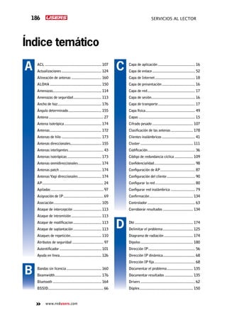 186 servicios al lector
www.redusers.com
Índice temático
Capa de aplicación....................................... 16
Capa de enlace............................................. 52
Capa de Internet.......................................... 18
Capa de presentación................................... 16
Capa de red.................................................. 17
Capa de sesión............................................. 16
Capa de transporte....................................... 17
Capa física.................................................... 49
Capas........................................................... 15
Cifrado pesado........................................... 107
Clasificación de las antenas........................ 178
Clientes inalámbricos................................... 41
Cluster....................................................... 111
Codificación.................................................. 36
Código de redundancia cíclica.................... 109
Confidencialidad........................................... 98
Configuración de AP..................................... 87
Configuración del cliente.............................. 90
Configurar la red.......................................... 80
Configurar red inalámbrica.......................... 79
Confirmación.............................................. 134
Controlador.................................................. 63
Corroborar resultados................................ 134
Dbi............................................................. 174
Delimitar el problema................................ 125
Diagrama de radiación............................... 174
Dípolos....................................................... 180
Dirección IP................................................. 56
Dirección IP dinámica.................................. 68
Dirección IP fija........................................... 68
Documentar el problema............................ 135
Documentar resultados.............................. 135
Drivers......................................................... 62
Dúplex........................................................ 150
ACL........................................................... 107
Actualizaciones.......................................... 124
Alineación de antenas................................ 160
ALOHA...................................................... 150
Amenazas.................................................. 114
Amenazas de seguridad.............................. 113
Ancho de haz.............................................. 176
Ángulo determinado................................... 155
Antena......................................................... 27
Antena isotrópica....................................... 174
Antenas...................................................... 172
Antenas de hilo.......................................... 173
Antenas direccionales................................ 155
Antenas inteligentes..................................... 43
Antenas isotrópicas.................................... 173
Antenas onmidireccionales......................... 174
Antenas patch............................................ 174
AntenasYagi direccionales......................... 174
AP............................................................... 24
Apiladas....................................................... 97
Asignación de IP.......................................... 69
Asociación.................................................. 105
Ataque de intercepción.............................. 113
Ataque de intromisión................................ 113
Ataque de modificacion.............................. 113
Ataque de suplantación.............................. 113
Ataques de repetición................................. 110
Atributos de seguridad................................. 97
Autentificador............................................ 101
Ayuda en línea............................................ 126
Bandas sin licencia..................................... 160
Beamwidth................................................. 176
Bluetooth................................................... 164
BSSID......................................................... 66
A
B
C
D
 