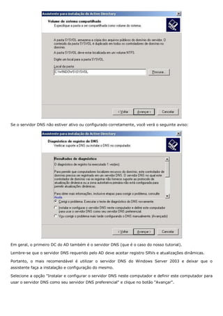 Redes windows e linux instalando o active directory | PDF