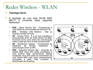 Redes Wireless - WLAN
 Topologia Geral:
 A topologia de uma rede WLAN IEEE
802.11 é composta pelos seguintes
elementos:
 BSS - Basic Service Set - Corresponde a
uma célula de comunicação da rede sem fio.
 STA - Wireless LAN Stations - São os
diversos clientes da rede.
 AP - Access Point - É o nó que coordena a
comunicação entre as STAs dentro da BSS.
Funciona como uma ponte de comunicação
entre a rede sem fio e a rede convencional.
 DS - Distribution System - Corresponde ao
backbone da WLAN, realizando a
comunicação entre os APs.
 ESS - Extended Service Set - Conjunto de
células BSS cujos APs estão conectados a
uma mesma rede convencional. Nestas
condições uma STA pode se movimentar de
uma célula BSS para outra permanecendo
conectada à rede. Este processo é
denominado de Roaming.
 