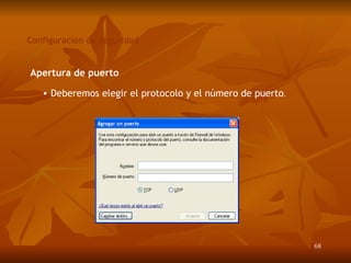 Configuración de seguridad Apertura de puerto Deberemos elegir el protocolo y el número de puerto . 