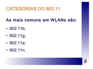As mais comuns em WLANs são:
• 802.11b;
• 802.11g;
• 802.11a;
• 802.11n.
CATEGORIAS DO 802.11
 